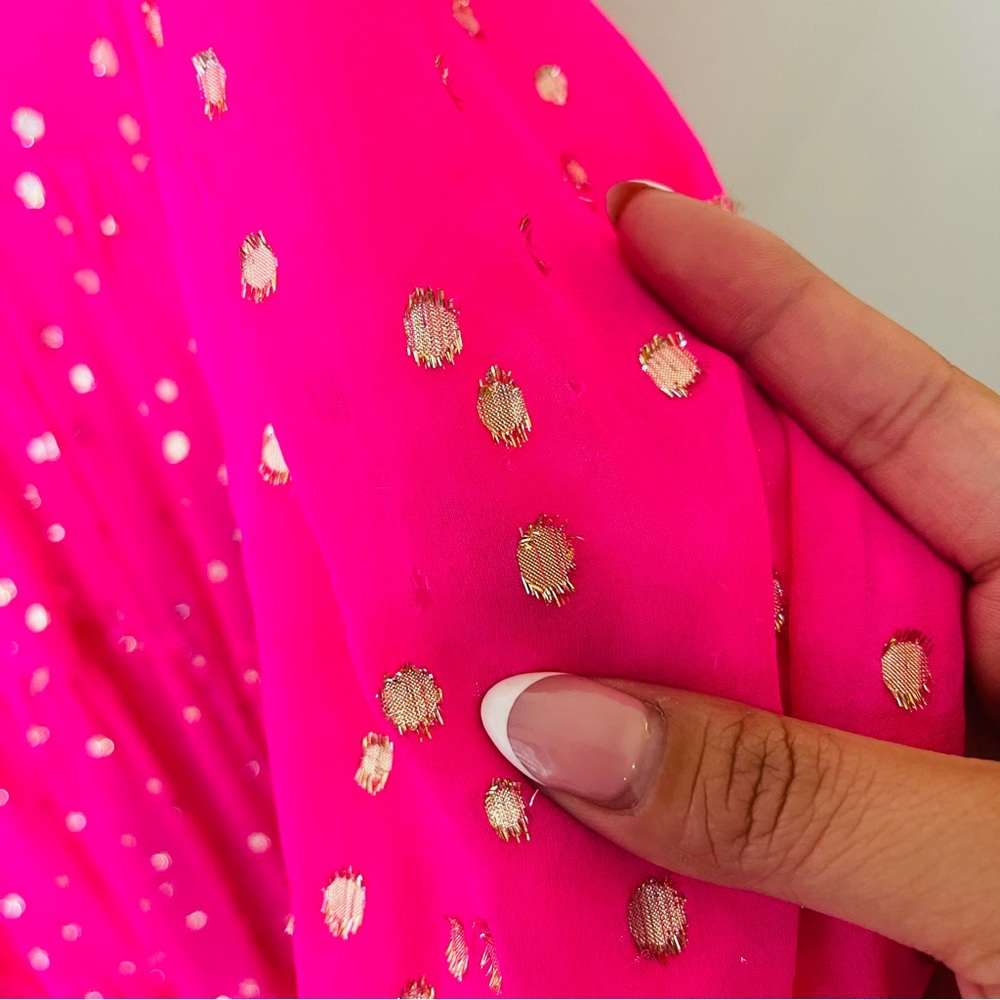 Lilly Pulitzer Hot Pink Tiered Long-Sleeve V-Neck Dress with Gold Dots - Picture 7 of 8